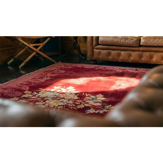 1920s Red Wine Open Field Daisies Floral Antique Chinese Art Deco Rug For Sale - Image 12 of 12