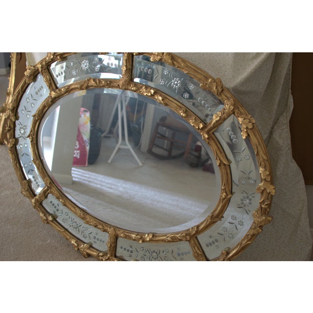 Vintage Hollywood Regency Gold Gilt Oval Mirror W / Etched Floral Bevel Glass Border, Leaf & Acorn Ornate Frame- 50" For Sale In Houston - Image 6 of 18