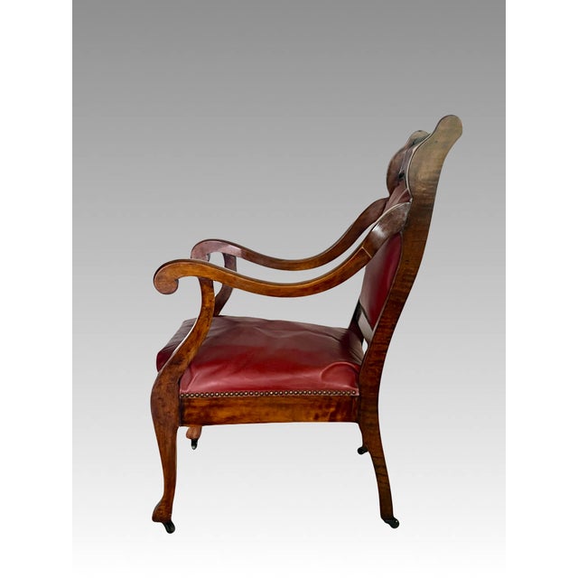 Antique Empire Flame Mahogany & Ox Blood Red Leather Library Armchair, Late 19th. Century Chair For Sale - Image 12 of 14