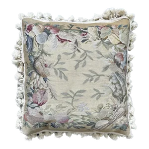 2000s French Aubusson Style Hand Woven Pillow With Birds