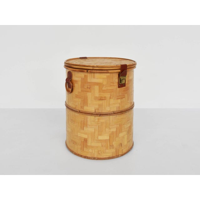 Italian Closed Rattan Basket with Leather Details, 1973, in Flawless conditions. Designed 1970 to 1979