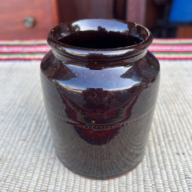 A Fine Antique Pennsylvania Folk Art Redware Preserve Jar With an Albany Glaze, 1870's Most likely made in Lancaster or...