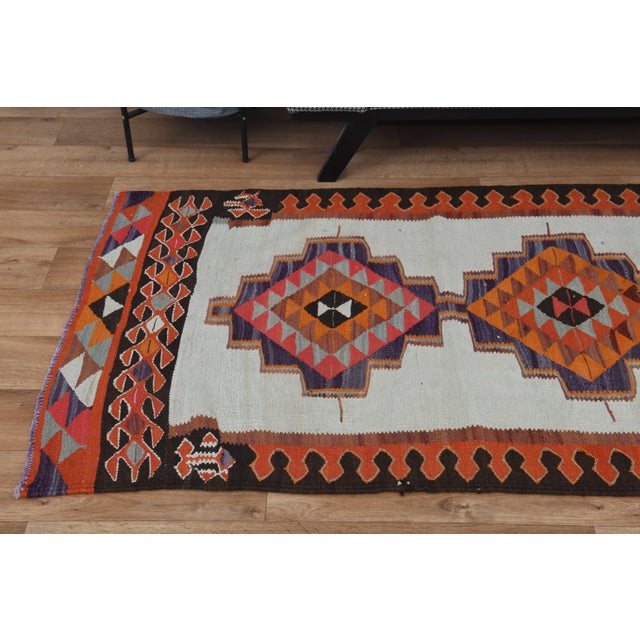 Turkish 1970s Vintage Turkish Handmade Wool Cotton Cream Orange Runner Rug For Sale - Image 3 of 11