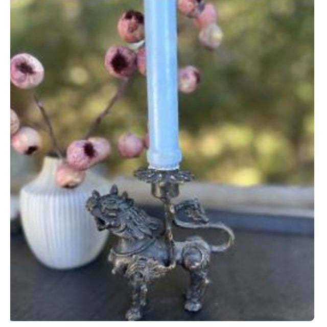 Chinese Vintage Bronze Chinese Foodog Candlestick Holder For Sale - Image 3 of 9