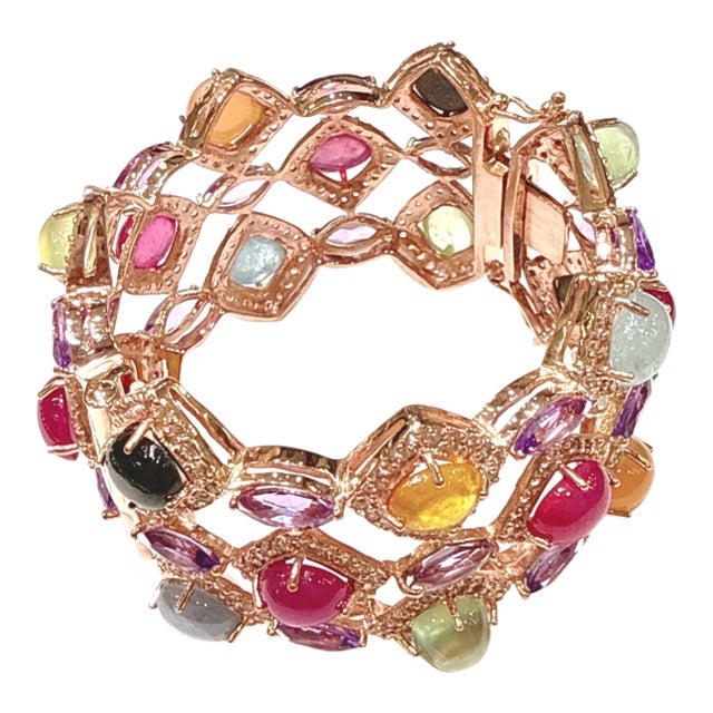 Bochic “Capri” Vintage Ruby & Multi Sapphire Bangle Set In 18K Gold & Silver For Sale