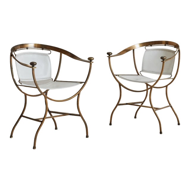 White Leather + Brass Pompeii Armchair by Alberto Orlandi, Italy 1980s - 2 Available For Sale