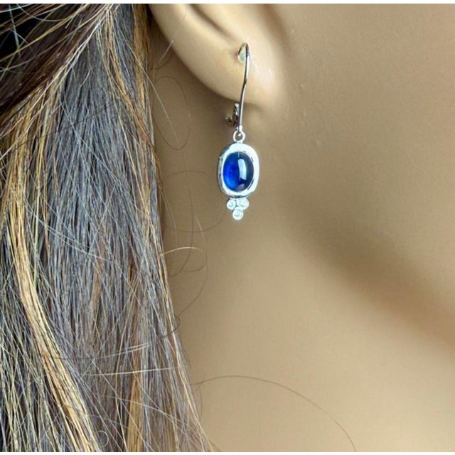 Metal 14k Gold Lever Back Earrings With 4.15 Carat Cabochon Sapphire and Diamond, A Pair For Sale - Image 7 of 9