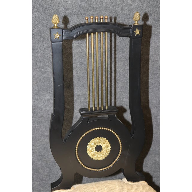 20th C. Set 12 Jansen Ebonized Louis XVI Style Lyre Back Dining Chairs For Sale - Image 12 of 17