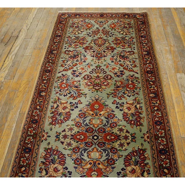 1930s Turquoise Teal Abstract Floral Antique Persian Sarouk Rug 2'7" X 8'0" Knotted Wool Carpet For Sale - Image 4 of 7