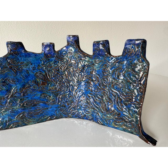 1990’s Vintage Handmade Blue Glazed Studio Pottery Ceramic Sculptural Menorah For Sale In Miami - Image 6 of 12