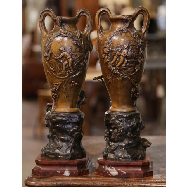 Pair of 19th Century French Verdigris Spelter Harvest Vases Signed Moreau For Sale - Image 11 of 12