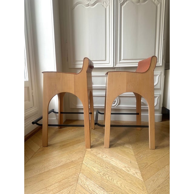Jack Counter Stools in Sycamore Wood and Tan Leather from Lostine, USA, 2018, Set of 2 For Sale - Image 4 of 13