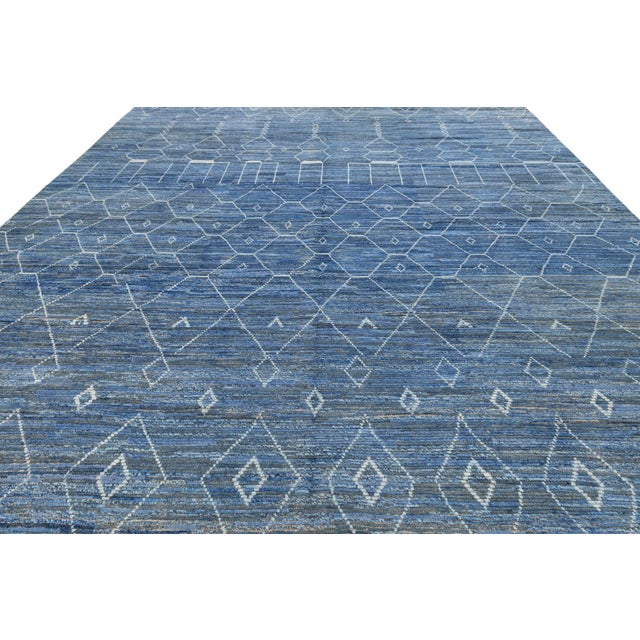 Modern Moroccan Indigo Blue Geometric Handmade Wool Rug 12x16 For Sale - Image 10 of 10