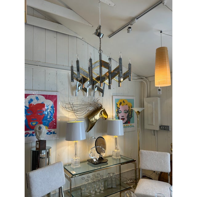 Midcentury Modern Brass & Chrome Italian Designer Sciolari Chandelier For Sale In Philadelphia - Image 6 of 12