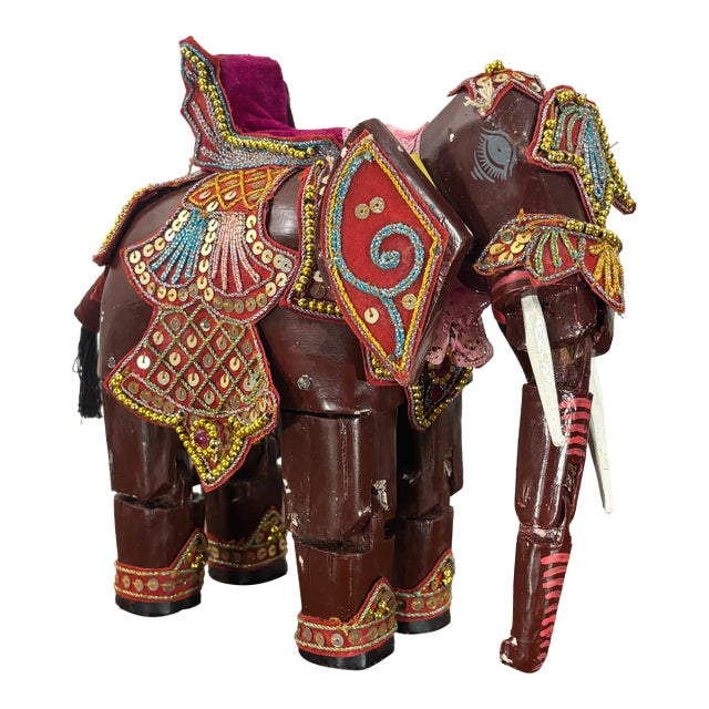 Vintage Indian Articulated Folk Art Elephant Toy, Hand Carved & Decorated For Sale