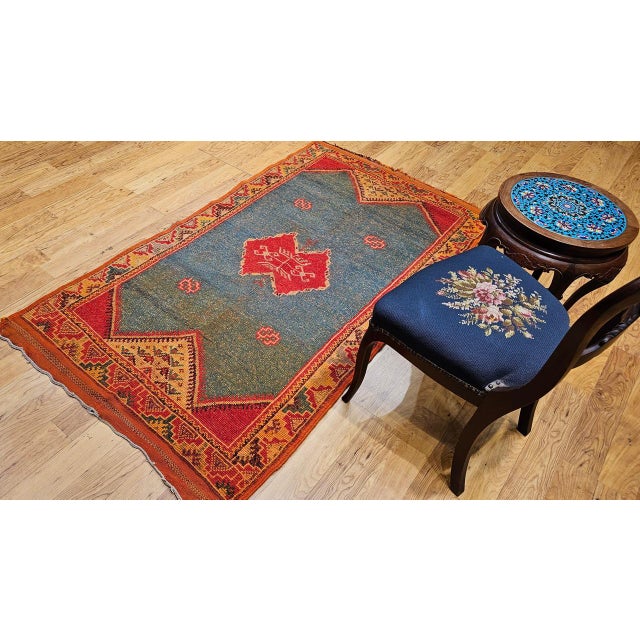 Textile Vintage Moroccan Rug, Hand-Knotted Wool, Geometric Pattern, Green & Yellow, 4’ X 6’ For Sale - Image 7 of 18
