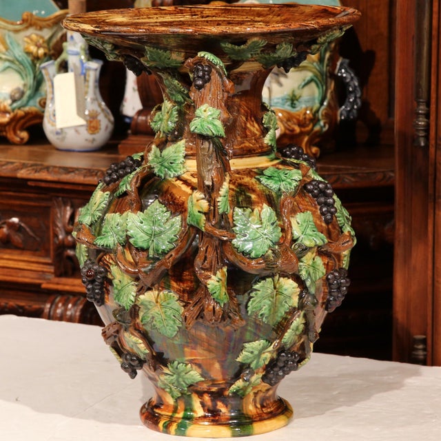 Brown 19th Century French Painted Ceramic Barbotine Vase With Vine, Grape & Leaf Decor For Sale - Image 8 of 10