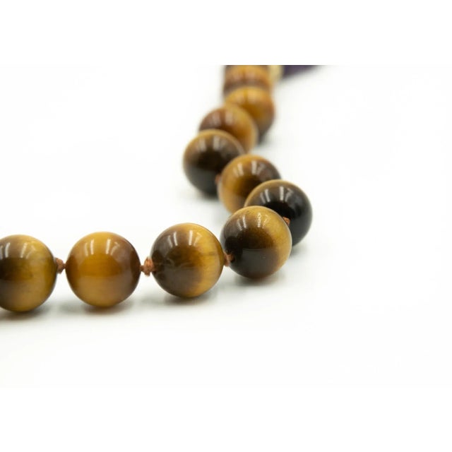 Long Tiger's Eye Amethyst and Garnet Bead Necklace with Gold Filled Ribbed Beads For Sale In Miami - Image 6 of 6