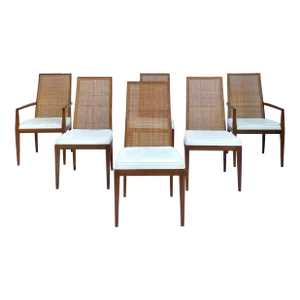 Set of 6 Baker Furniture Wood and Woven Rattan Dining Chairs