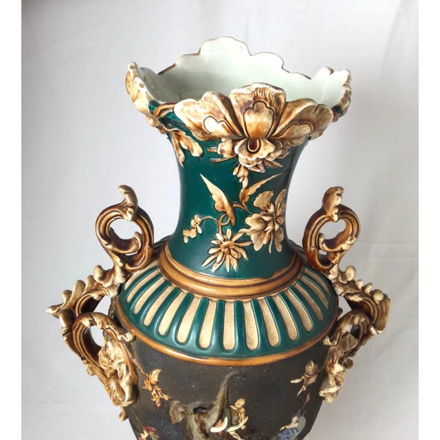 1890 Large Bohemian Majolica Urn Form Vase For Sale - Image 9 of 13