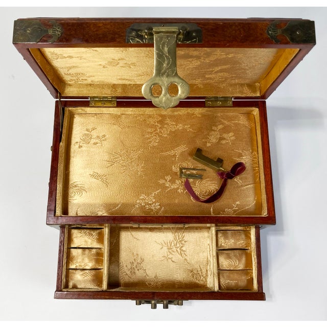 Vintage Asian Wood and Brass Jewelry Box With Traditional Bar Lock For Sale - Image 9 of 10