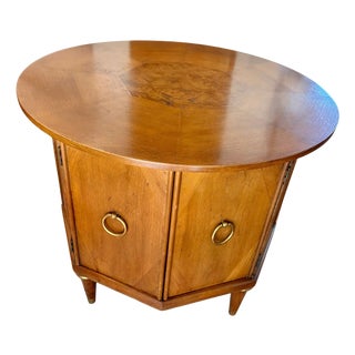 1970s Round Top Hexagon Two Door Cabinet End Table With Brass Ring Pulls and Leg Caps For Sale