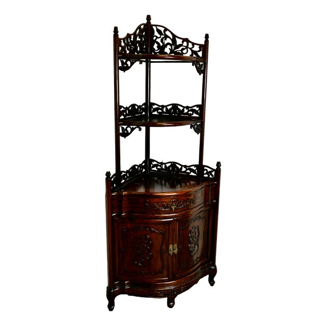 Oriental Style Carved Corner Etagere with Cupboard and Drawer, 1970s For Sale