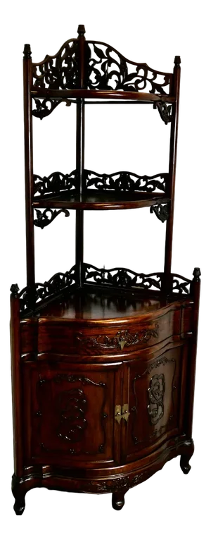 Oriental Style Carved Corner Etagere with Cupboard and Drawer, 1970s