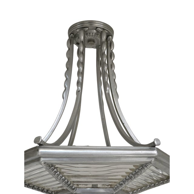 Small Art Deco Six Sided Glass and Aluminum Chandelier For Sale - Image 16 of 17