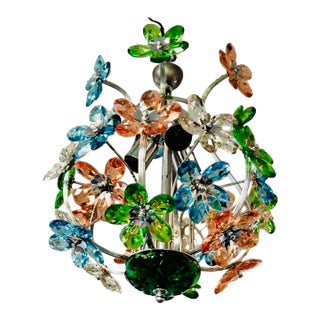 1960s Italian Style Hand-Painted Crystal Flower Globe Chandelier, 3-Light For Sale