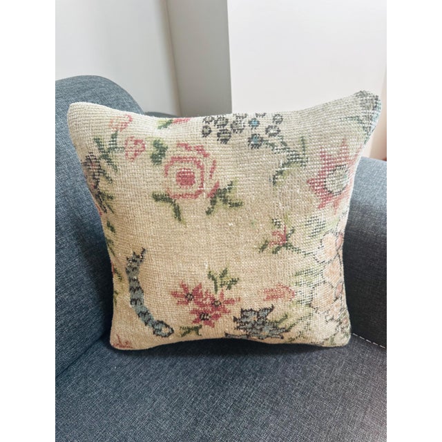 2020s Vintage Isparta Turkish Rug Pillow Cover | Floral Wool Cushion Cover 16x16 | Handmade Boho Throw Pillow | Hidden Zipper For Sale - Image 5 of 8