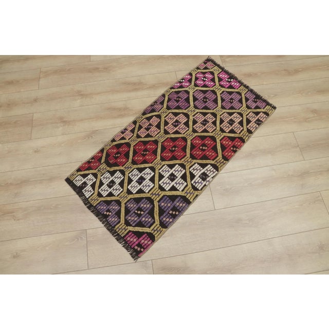 Tribal 1960s Tribal Ikat Geometric Black Hand Knotted Kilim Rug For Sale - Image 3 of 13