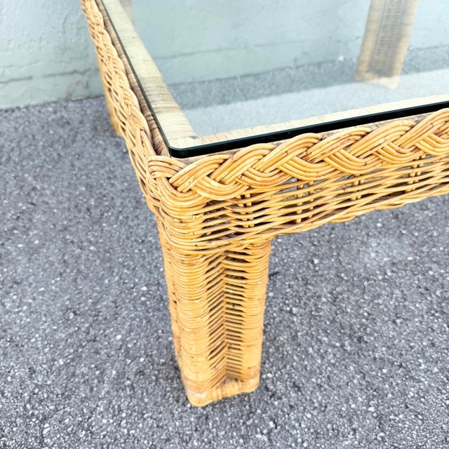 Boho Chic Woven Wicker Glass Top Square Coffee Table For Sale - Image 4 of 8