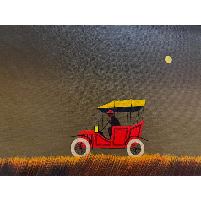 John R. Good Mid-century Modern Oil Painting of a Motor Car Offered for sale is a vintage mid-century modern oil painting...