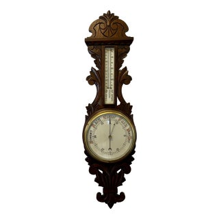 Antique Carved Oak Aneroid Barometer with Thermometer, 1890 For Sale
