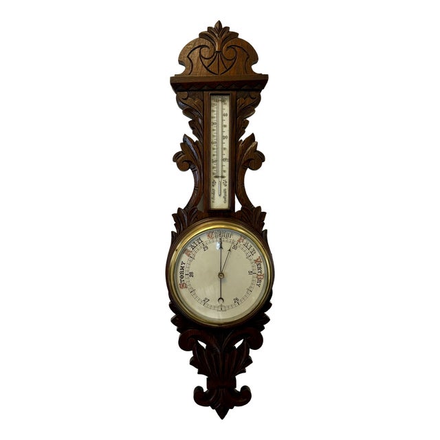 Antique Carved Oak Aneroid Barometer with Thermometer, 1890 For Sale