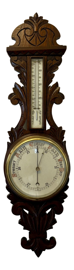 Antique Carved Oak Aneroid Barometer with Thermometer, 1890
