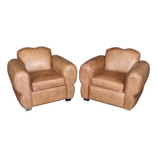 Pair Restored French Art Deco Style Leather Distressed Moustache Club Chairs For Sale