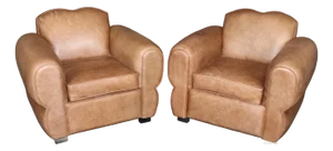 Pair Restored French Art Deco Style Leather Distressed Moustache Club Chairs