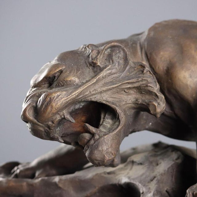 Modern Bronze Feline Figurine with Wooden Base For Sale - Image 5 of 10