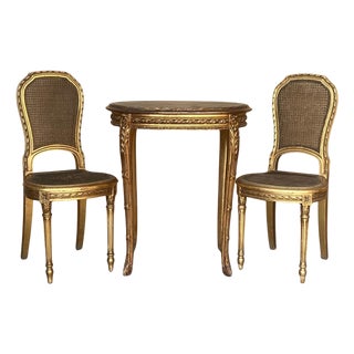 Set of Early 20th Century French Louis XVI Style Gilded Oval Console Table with Chairs For Sale