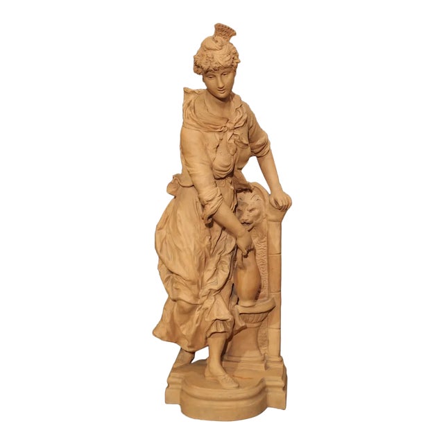 19th Century French Terra Cotta Statue of a Woman at a Fountain For Sale