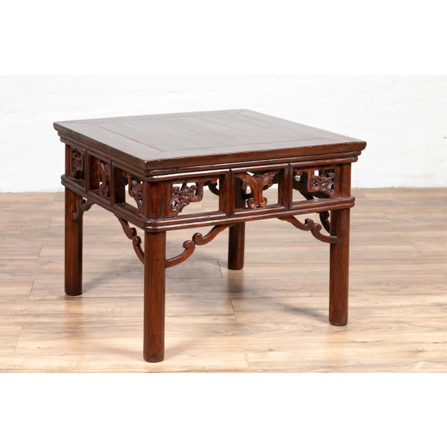 Chinese Antique Side Table With Open Fretwork Design And Dark Wood