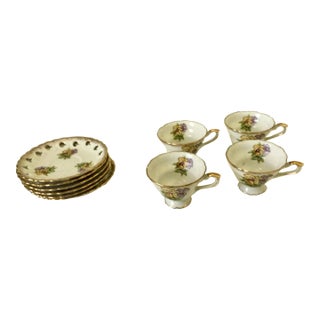 Mid 20th Century Yellow and Purple Pansies Tea Cups and Saucers Set- 10 Pieces For Sale