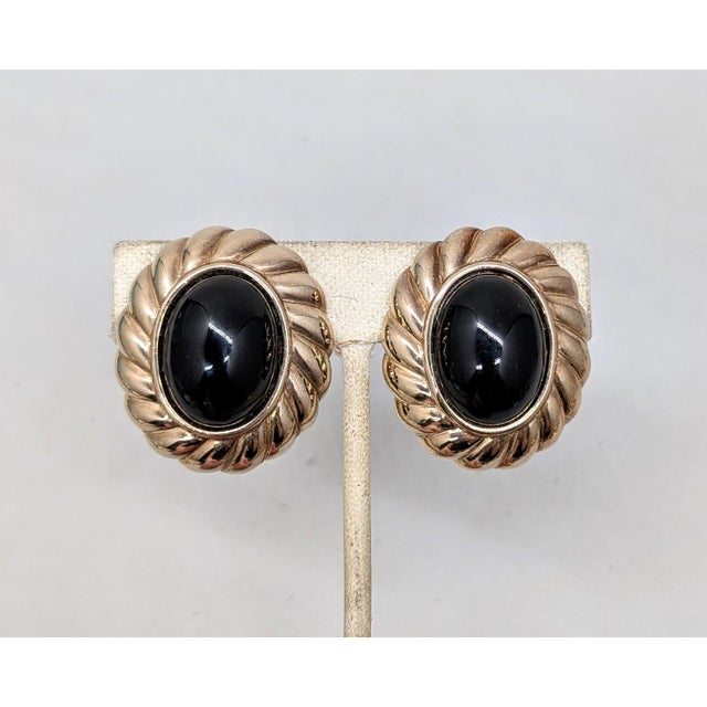 Metal Vintage 1980s Signed Panetta Oval Goldtone Cabochon Faux-Onyx Clip Earrings-2 Pieces For Sale - Image 7 of 8