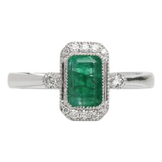 1ct Emerald Cut Emerald Ring With Diamond Accents: Solid 14k Gold, 7x5mm, Size 6.75 For Sale