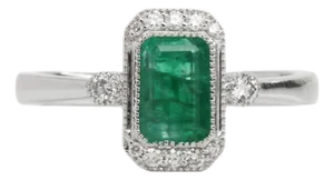 1ct Emerald Cut Emerald Ring With Diamond Accents: Solid 14k Gold, 7x5mm, Size 6.75
