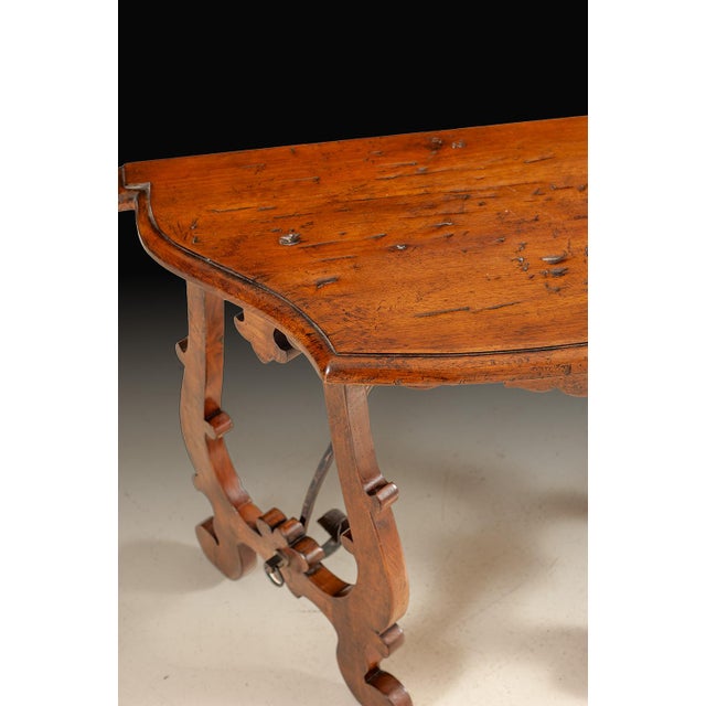 Rustic Handcrafted Italian Solid Walnut Console Table With Iron Stretchers For Sale - Image 3 of 3