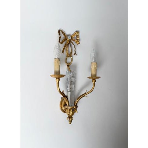 Metal Italian Gilt Metal and Glass Two-Light Wall Sconce with Bow by Banci Firenze, 1970s For Sale - Image 7 of 15