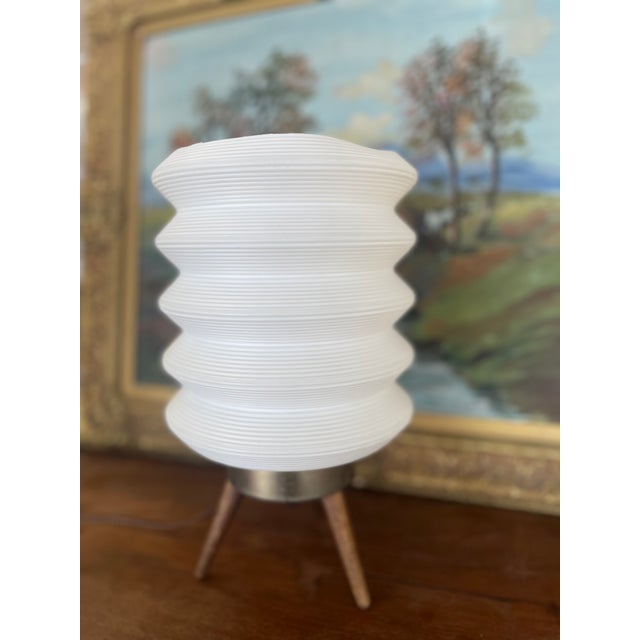 Mid-Century Modern Mid-Century Modern Space-Age White Ribbed Lantern Table Lamp on Wood Tripod Base, Possibly 1960s Scandinavian Design For Sale - Image 3 of 10